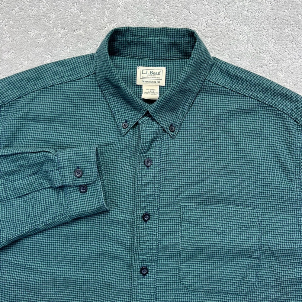 LL Bean Shirt Mens L-Reg Green Navy Traditional Fit Houndstooth Flannel Cotton